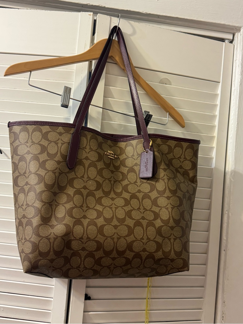Coach Brown Signature Tote with Boysenberry Leather Trim